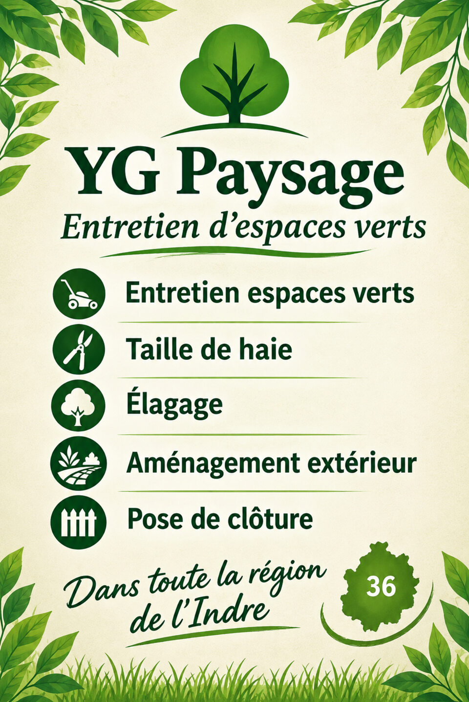 Affiche YG Paysage présentant l’entretien des espaces verts, la taille de haie, l’élagage, l’aménagement extérieur et la pose de clôture.